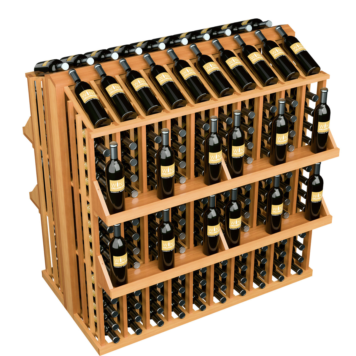 Medium brown wood wine bottle display rack with 4 shelves and bottle holders, front corner view.