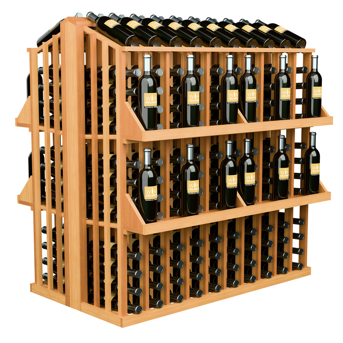 Warm brown wood wine bottle display rack with 4 shelves and bottle holders, angled view.