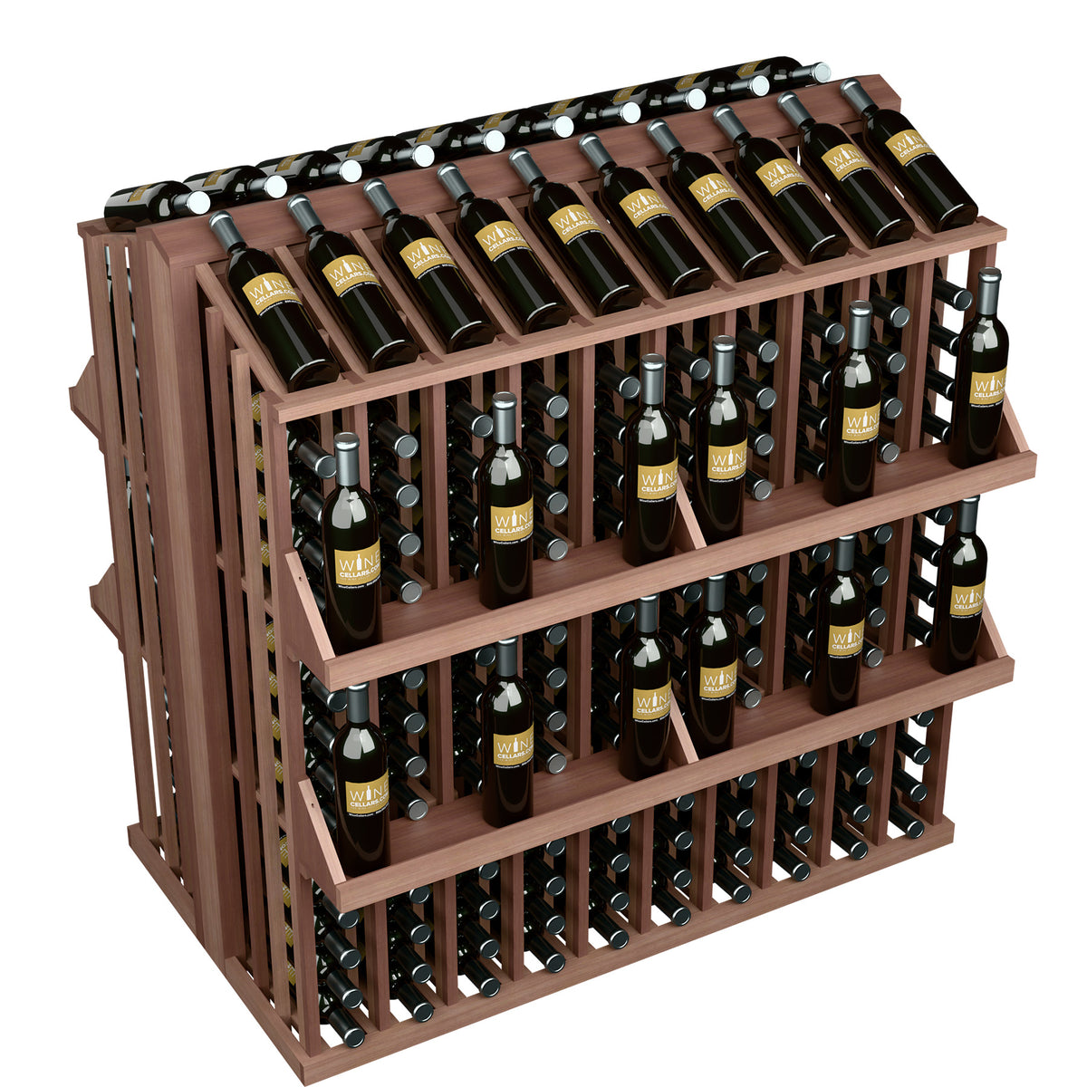 4-shelf wine bottle display rack with front bottle holders, medium reddish wood frame