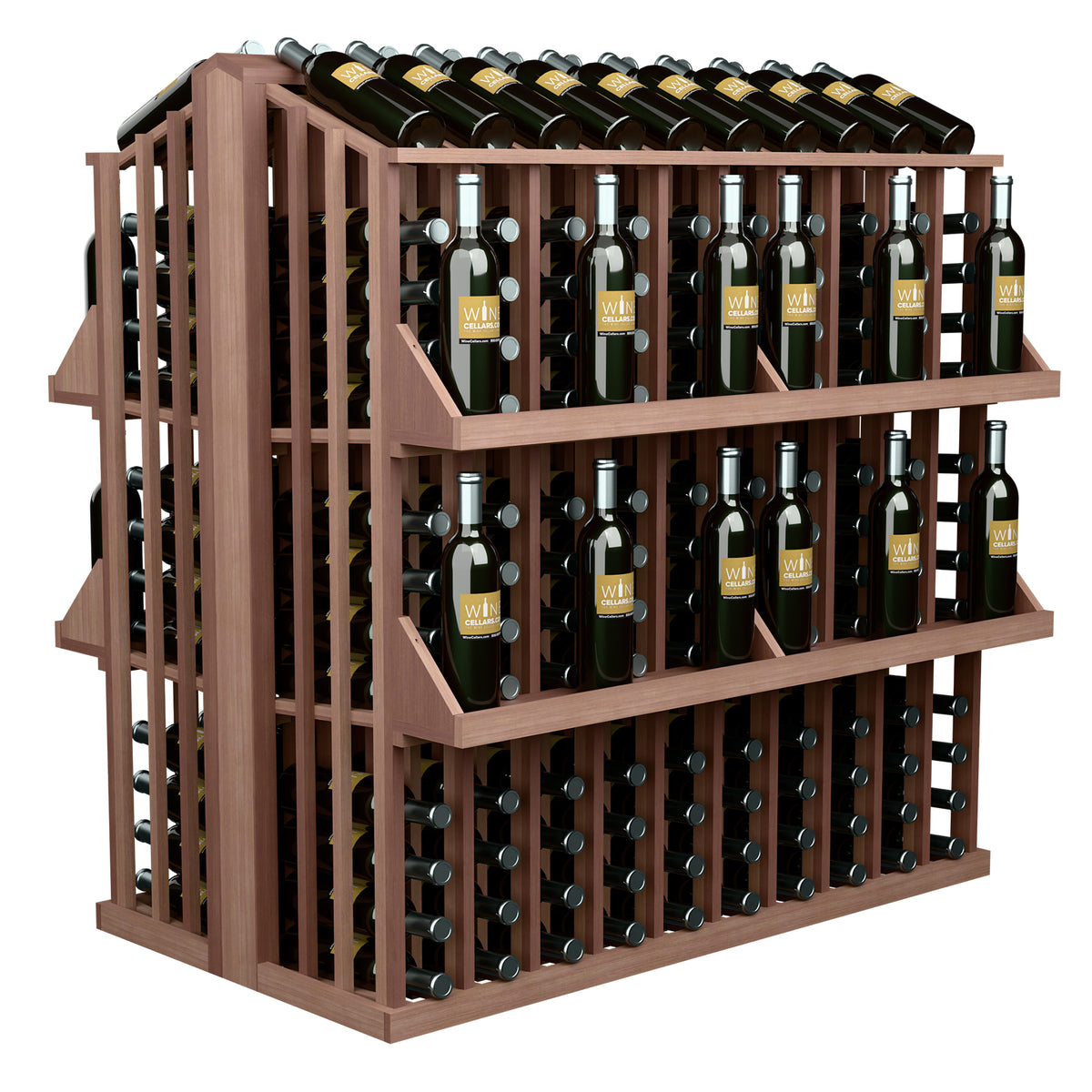 Red-brown wooden 4-shelf wine bottle display rack with bottle holders and stacked bottles