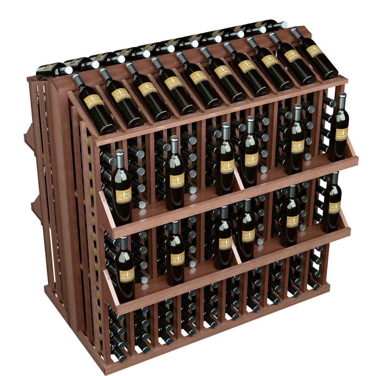 Dark brown wood wine bottle display rack with 4 shelves and bottle holders, front 3/4 view.