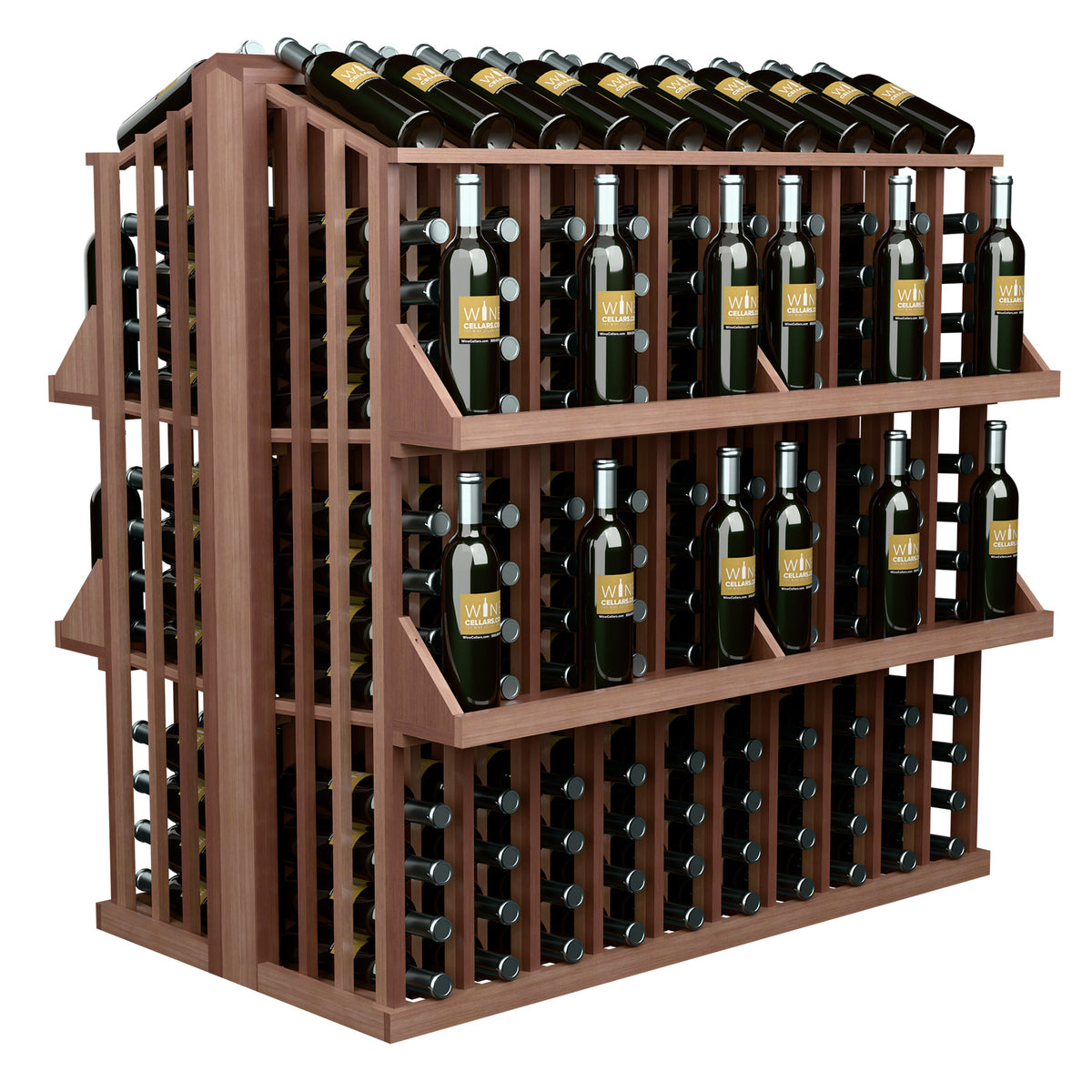 Deep brown wood wine bottle display rack with 4 shelves and bottle holders, corner view.