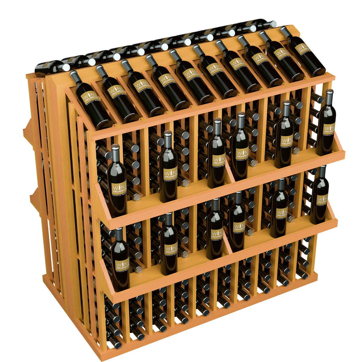 Wood wine bottle display rack with four shelves, corner view showing metal bottle pegs