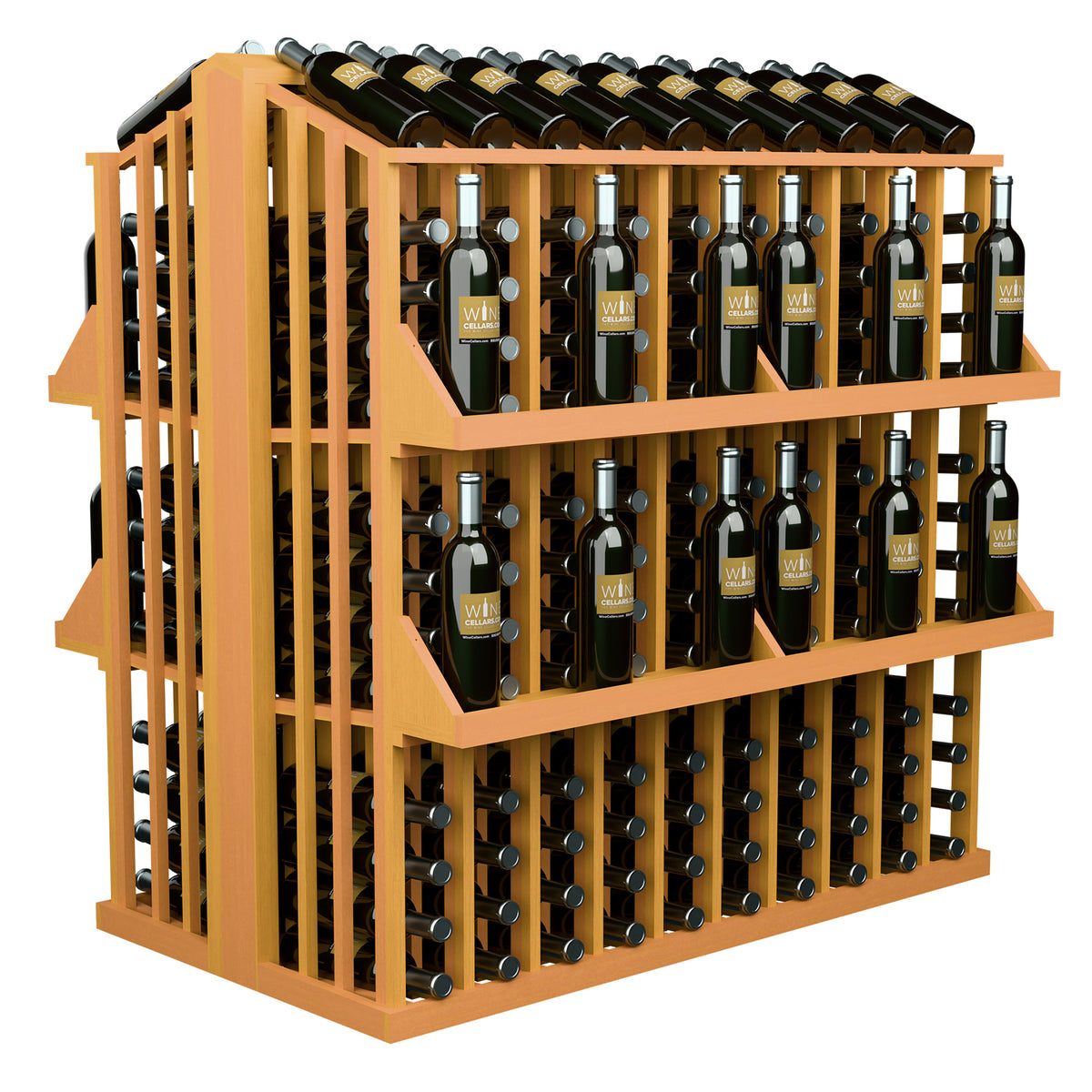 Light wood wine bottle display rack with 4 shelves and metal bottle holders, side view