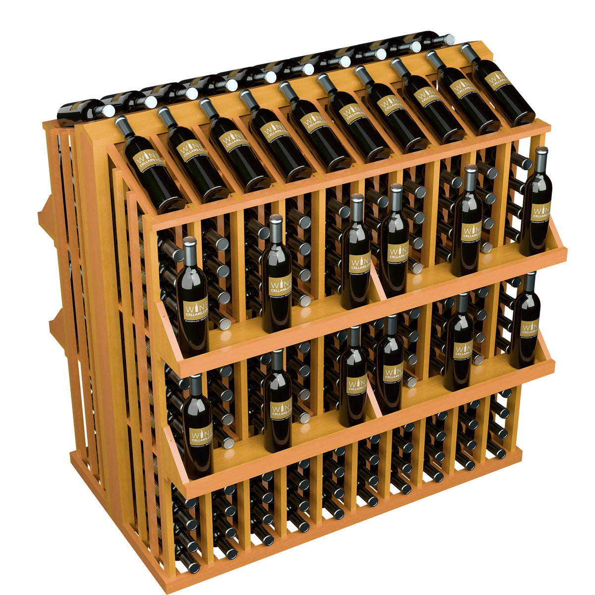 Golden wood wine bottle display rack with 4 shelves and bottle holders, front corner view.