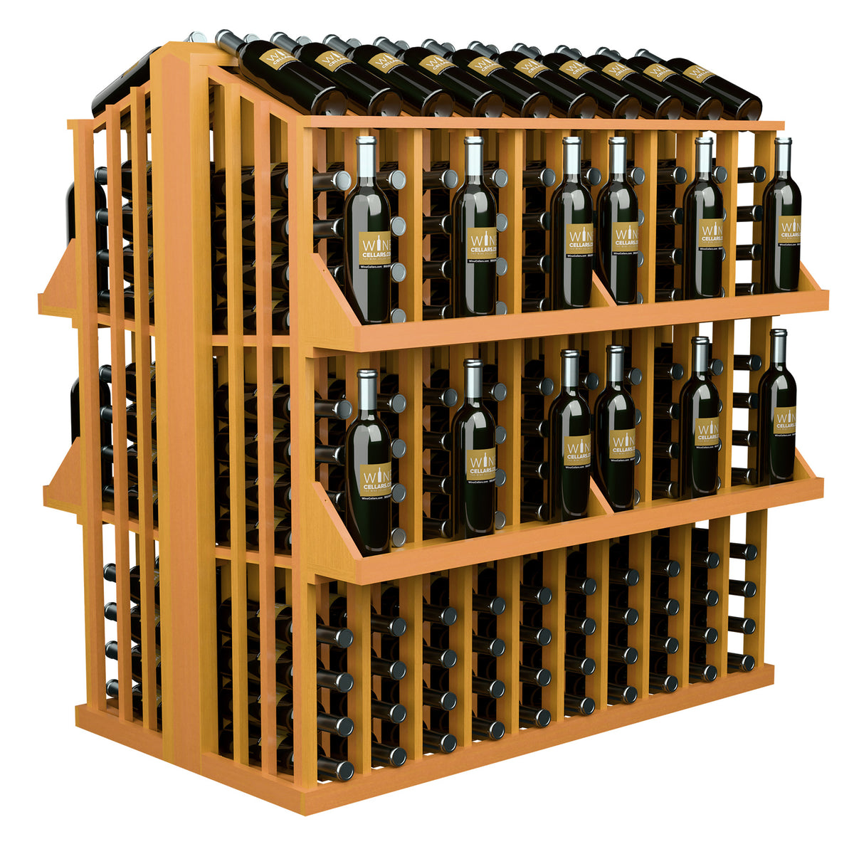 Light amber wood wine bottle display rack with 4 shelves and bottle holders, angled side view.