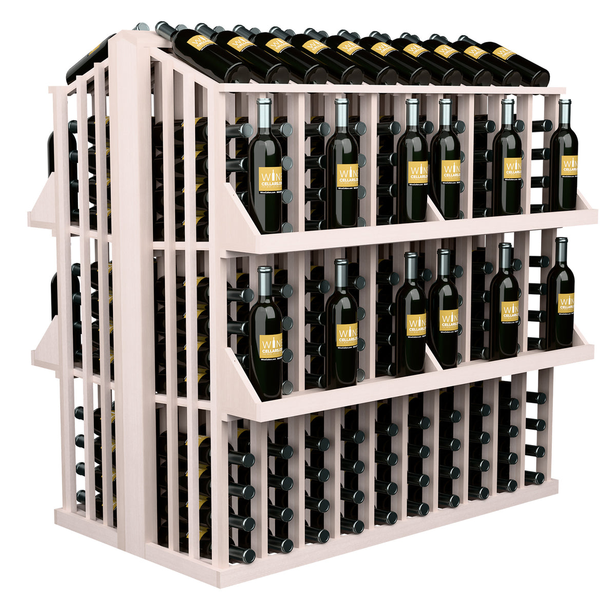 Light wood bottle aisle display with 4 shelves and bottle slots, side view