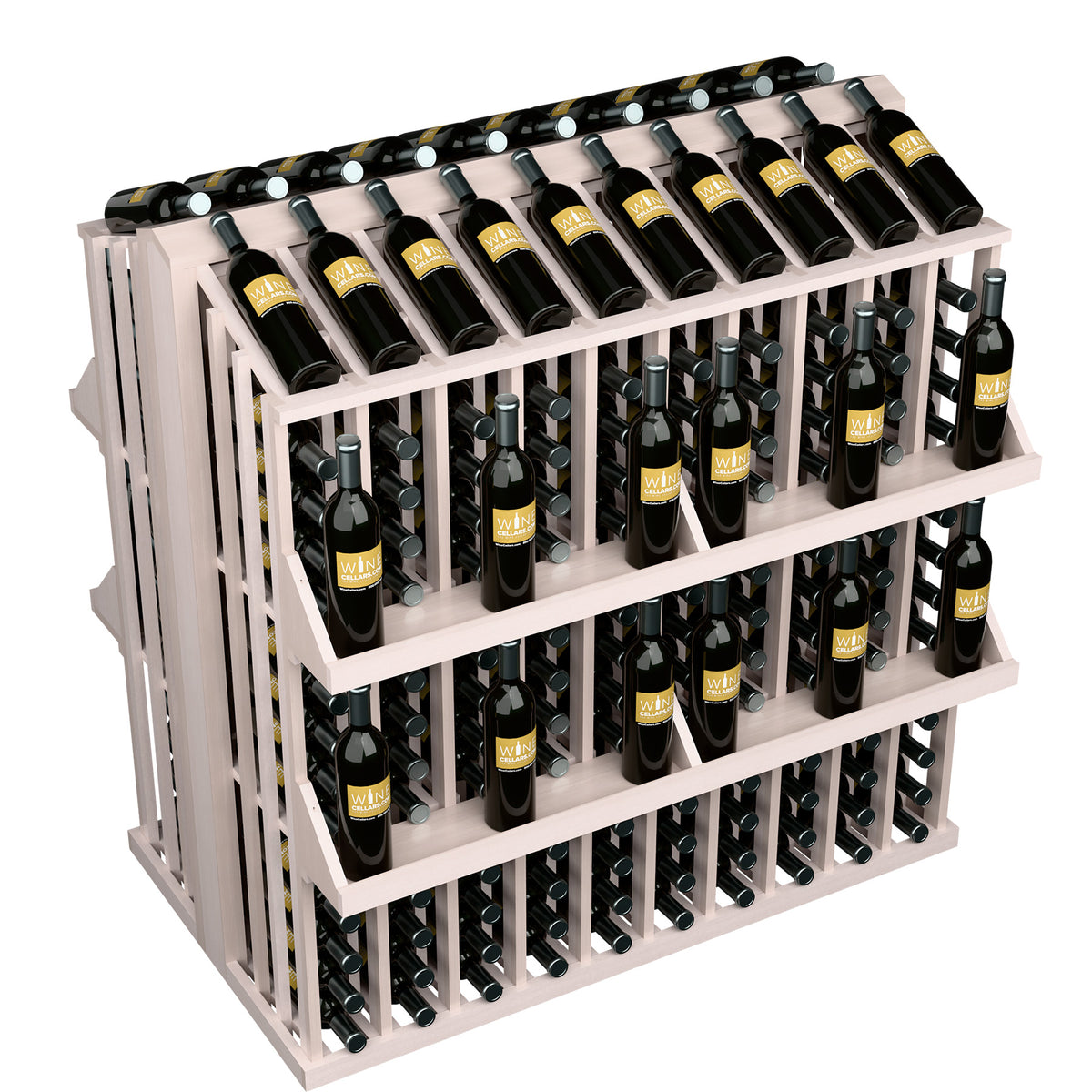 White-washed wood wine bottle display rack with 4 shelves and bottle holders, front view.