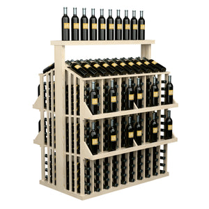 Wine bottle aisle display with 4 shelves and solid top, bottle storage unit in light wood