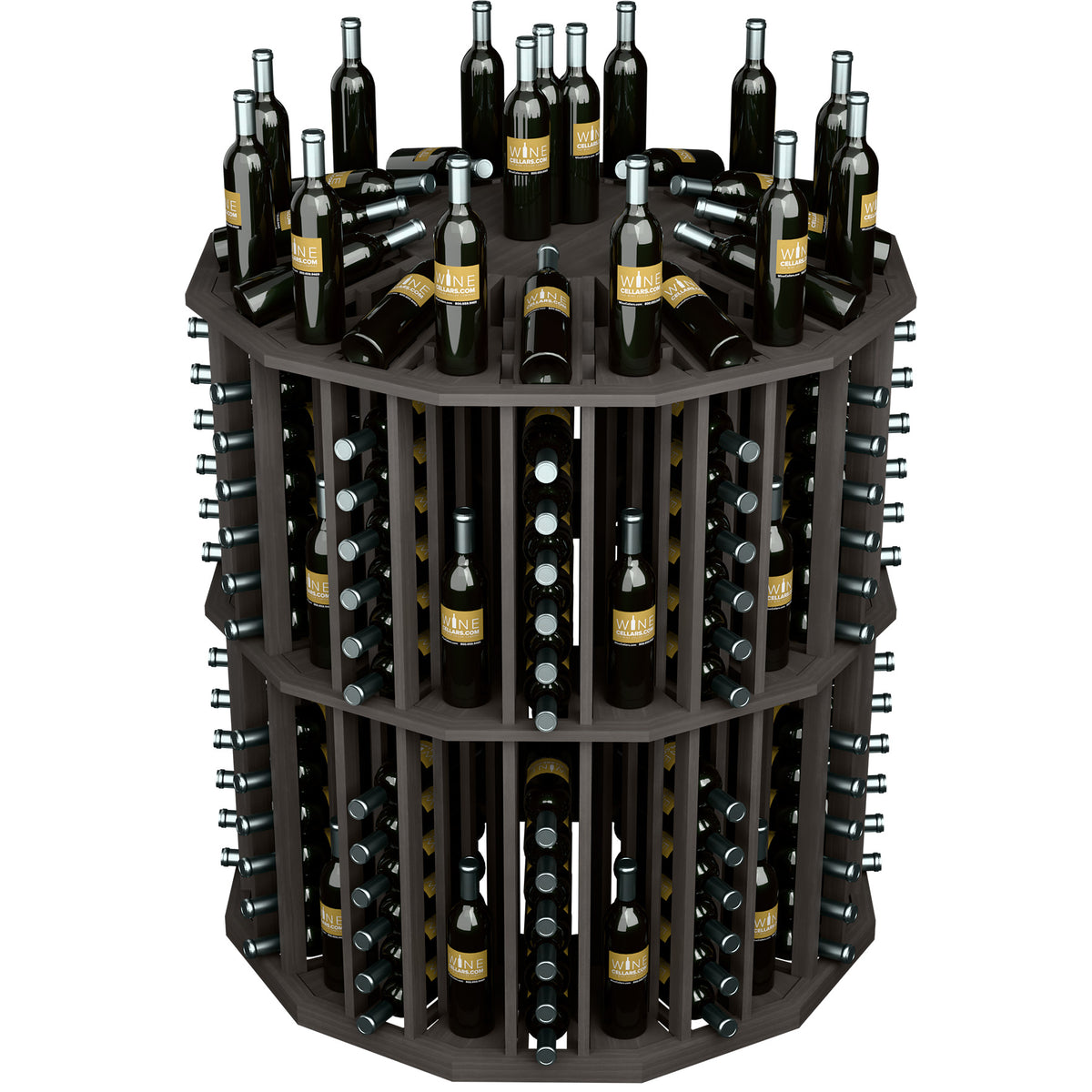 Black round bottle display with metal racks and glass bottle holder slots, full bottles