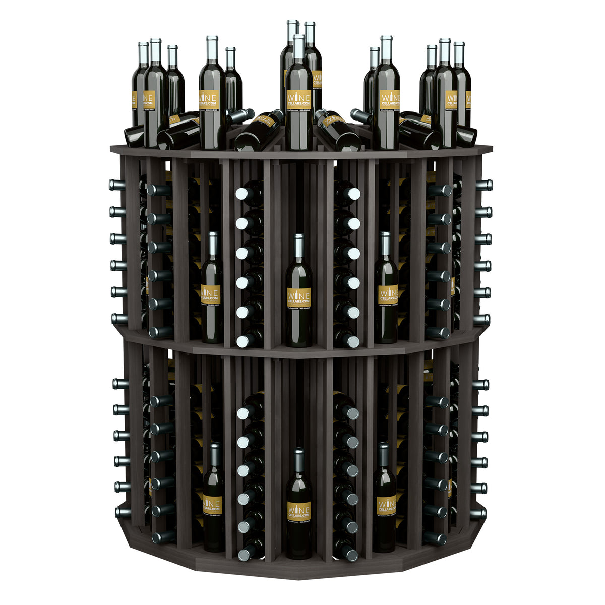 Round commercial bottle display rack with dark finish and many bottle holder slots