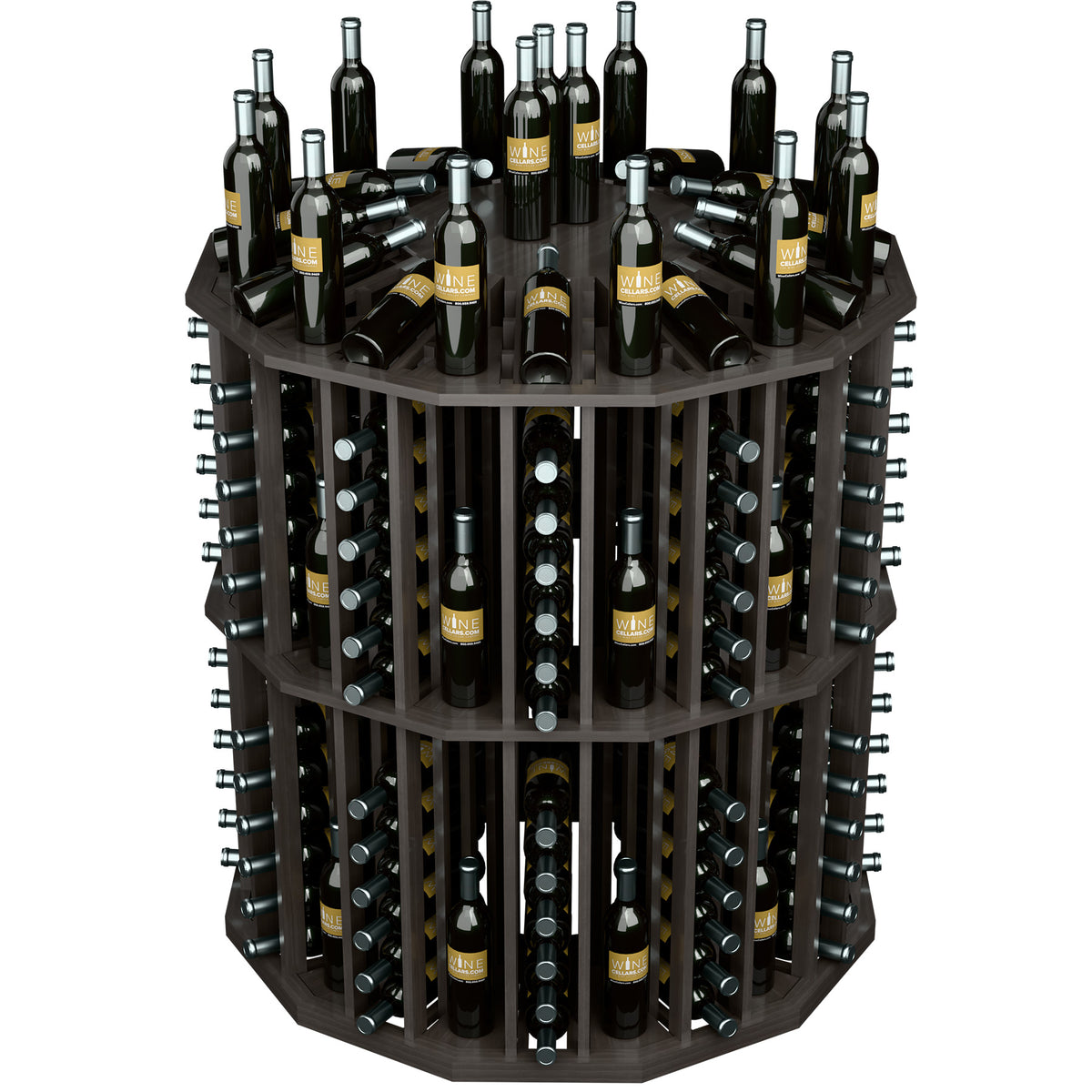 Dark round wine bottle display rack with multiple angled bottle slots and metal supports.