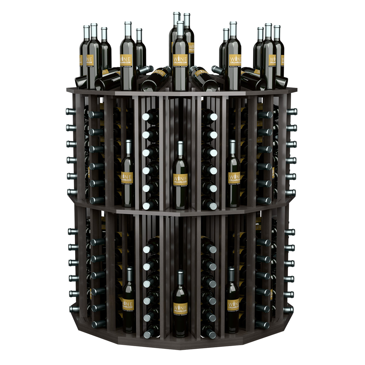 Round black wine bottle display rack with angled bottle slots and wire bottle holders.