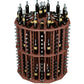 Round dark wood wine bottle display with multiple bottle rows and metal bottle neck cradles
