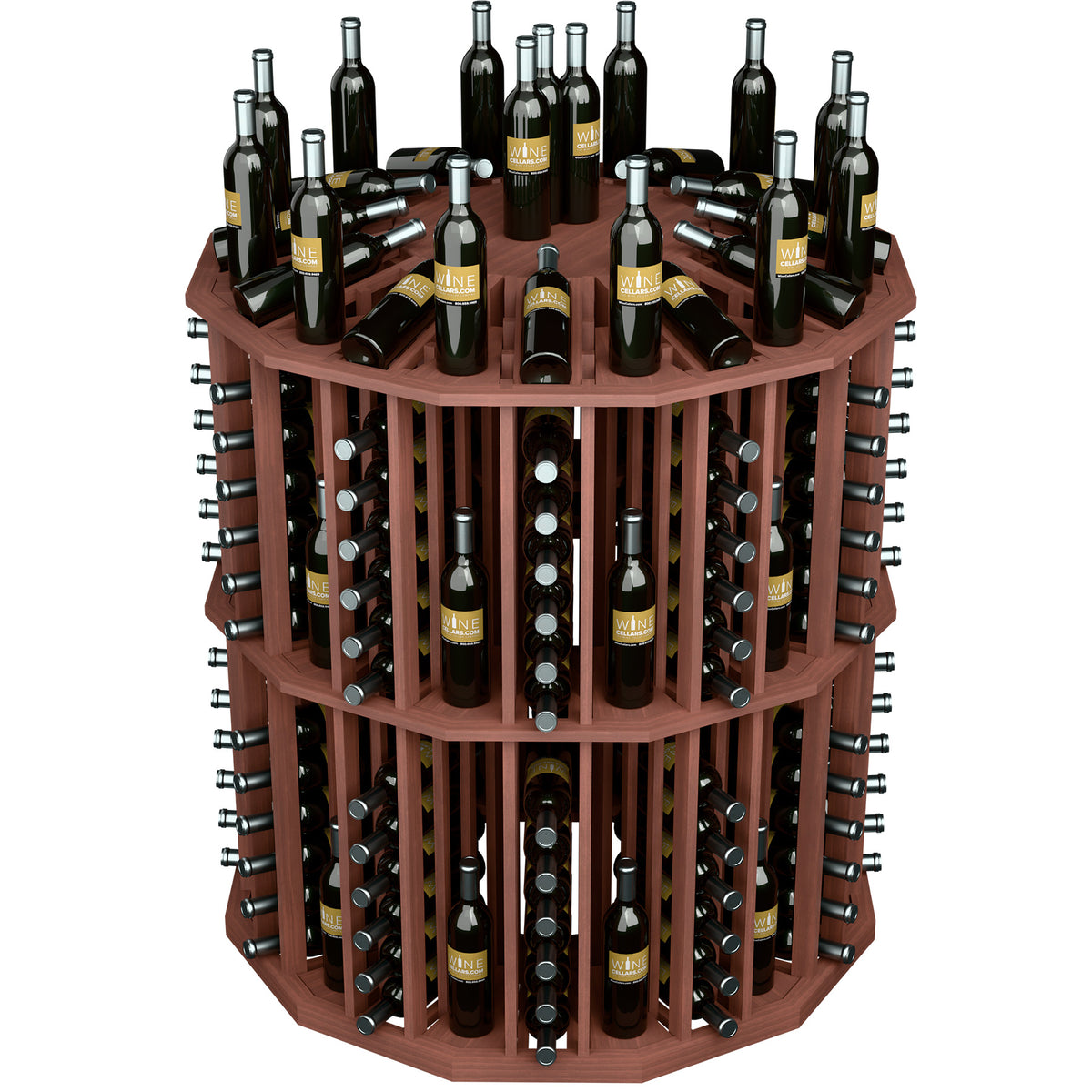 Round dark wood wine bottle display with multiple bottle rows and metal bottle neck cradles