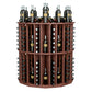 Brown round bottle display with metal bottle racks and glass holders