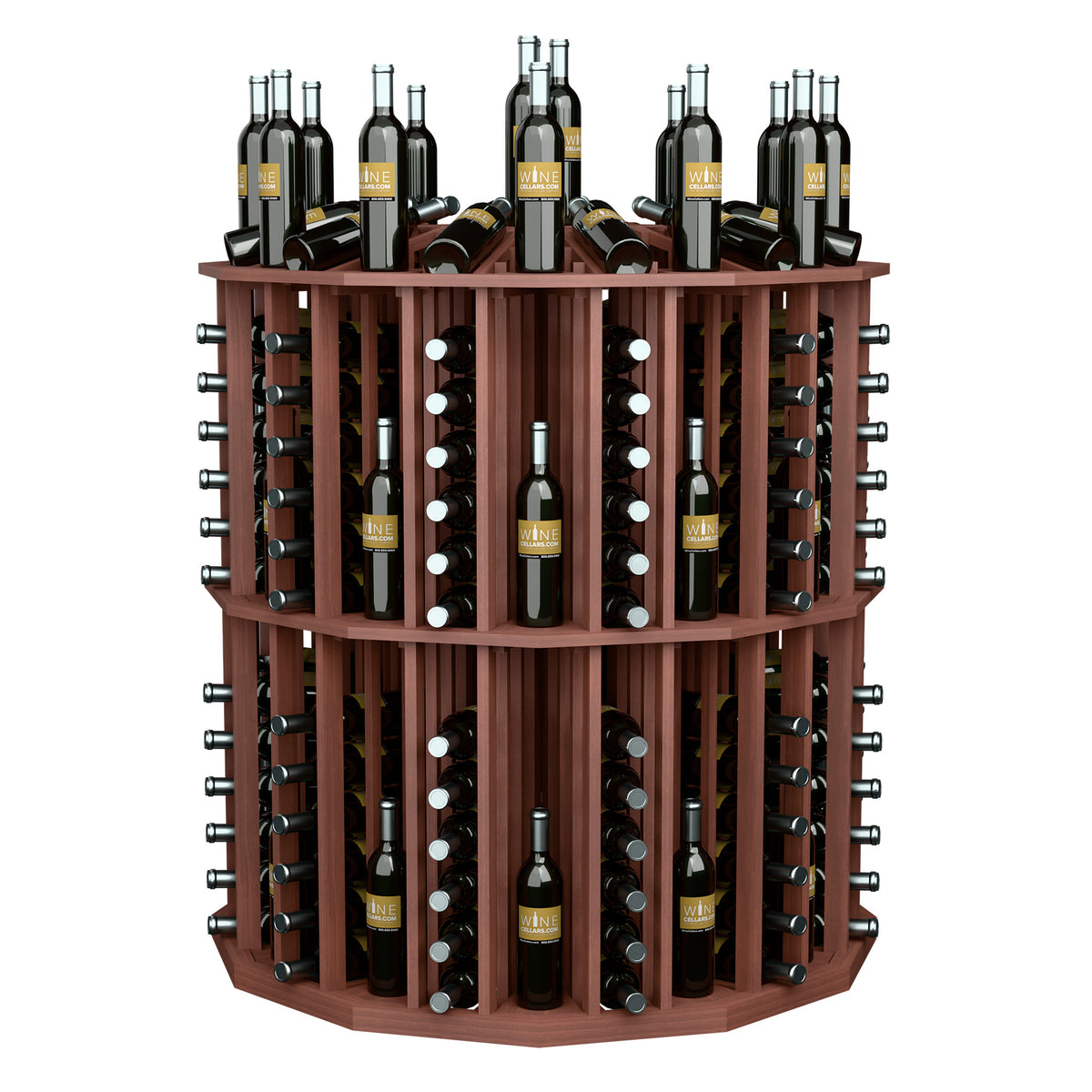 Brown round bottle display with metal bottle racks and glass holders
