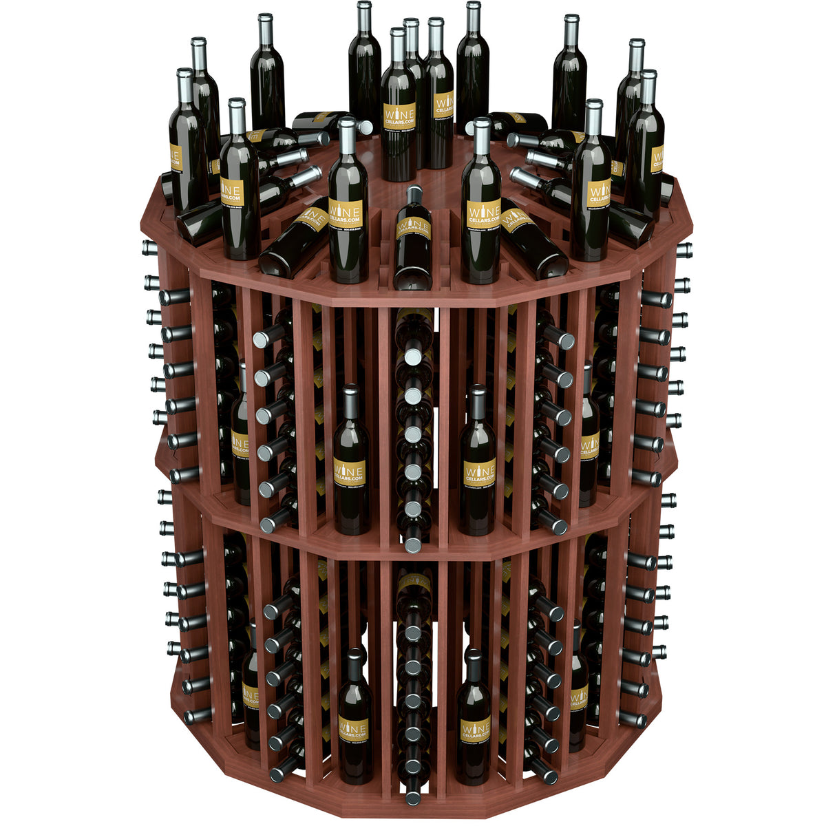 Red-brown round wine bottle display rack with angled bottle slots and metal supports.