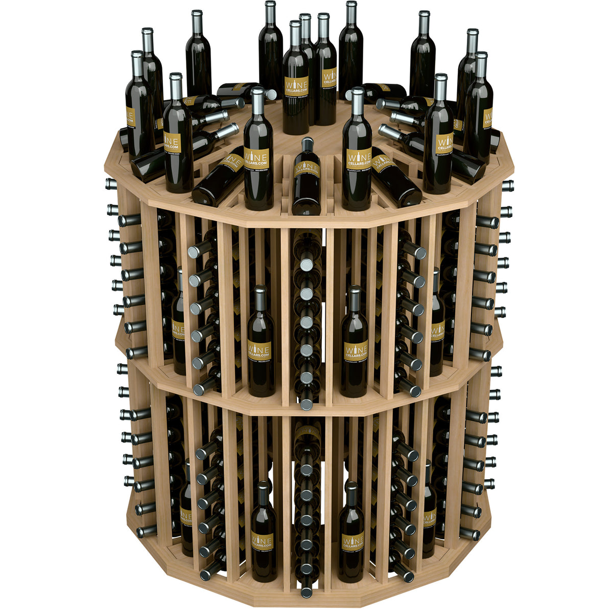 Round wine bottle display rack with light wood shelves and multiple black bottles