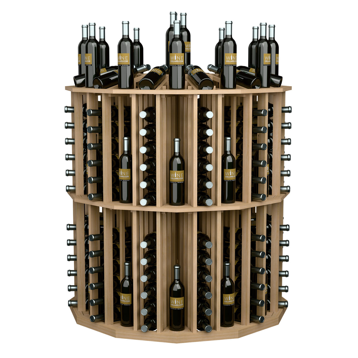 Light wood round wine bottle display rack with metal holders and labeled wine bottles