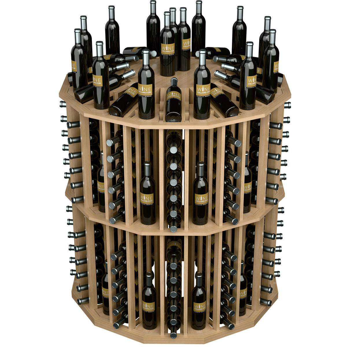 Light wood round wine bottle display rack with angled bottle slots and metal supports.
