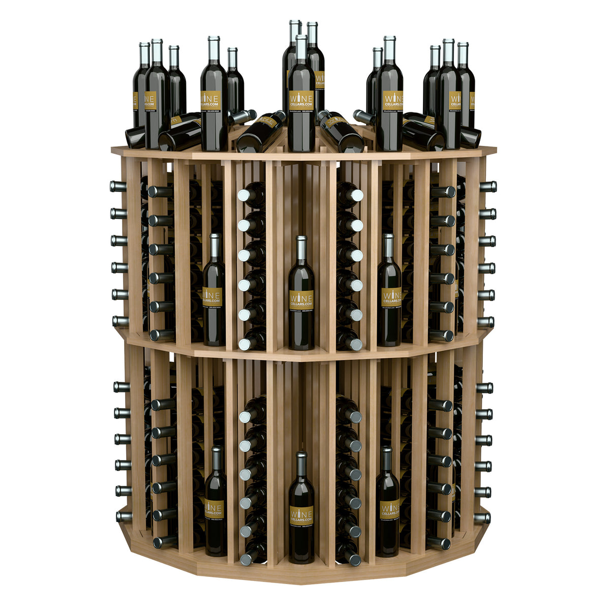 Pale wood round wine bottle display rack with angled bottle slots and metal supports.