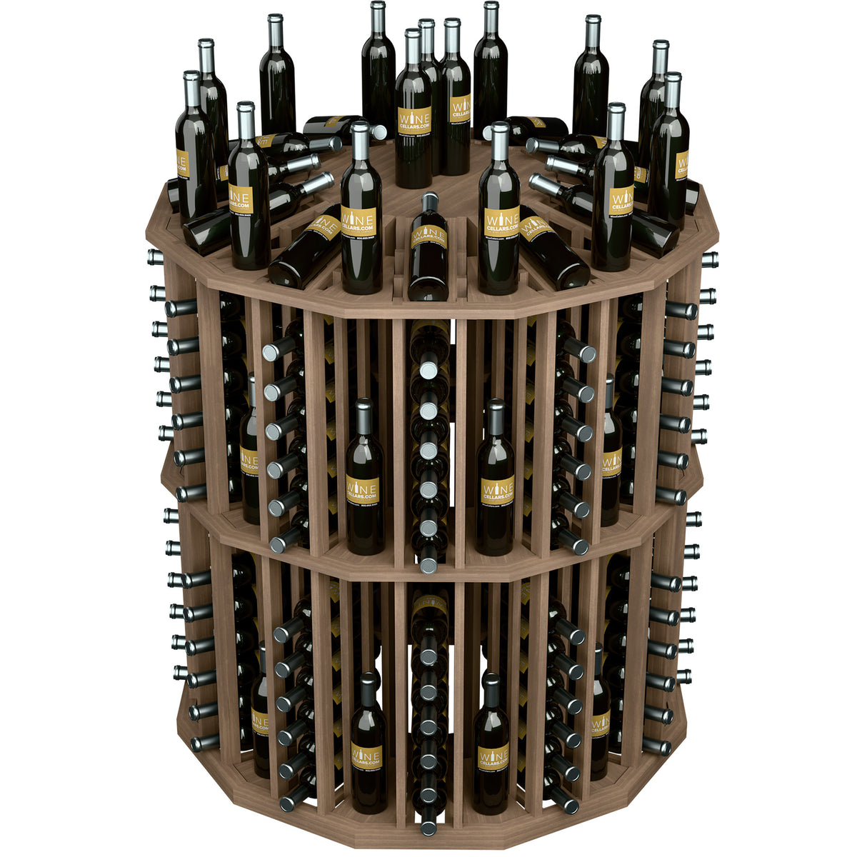 Round wine bottle display rack with light wood shelves and multiple black bottles