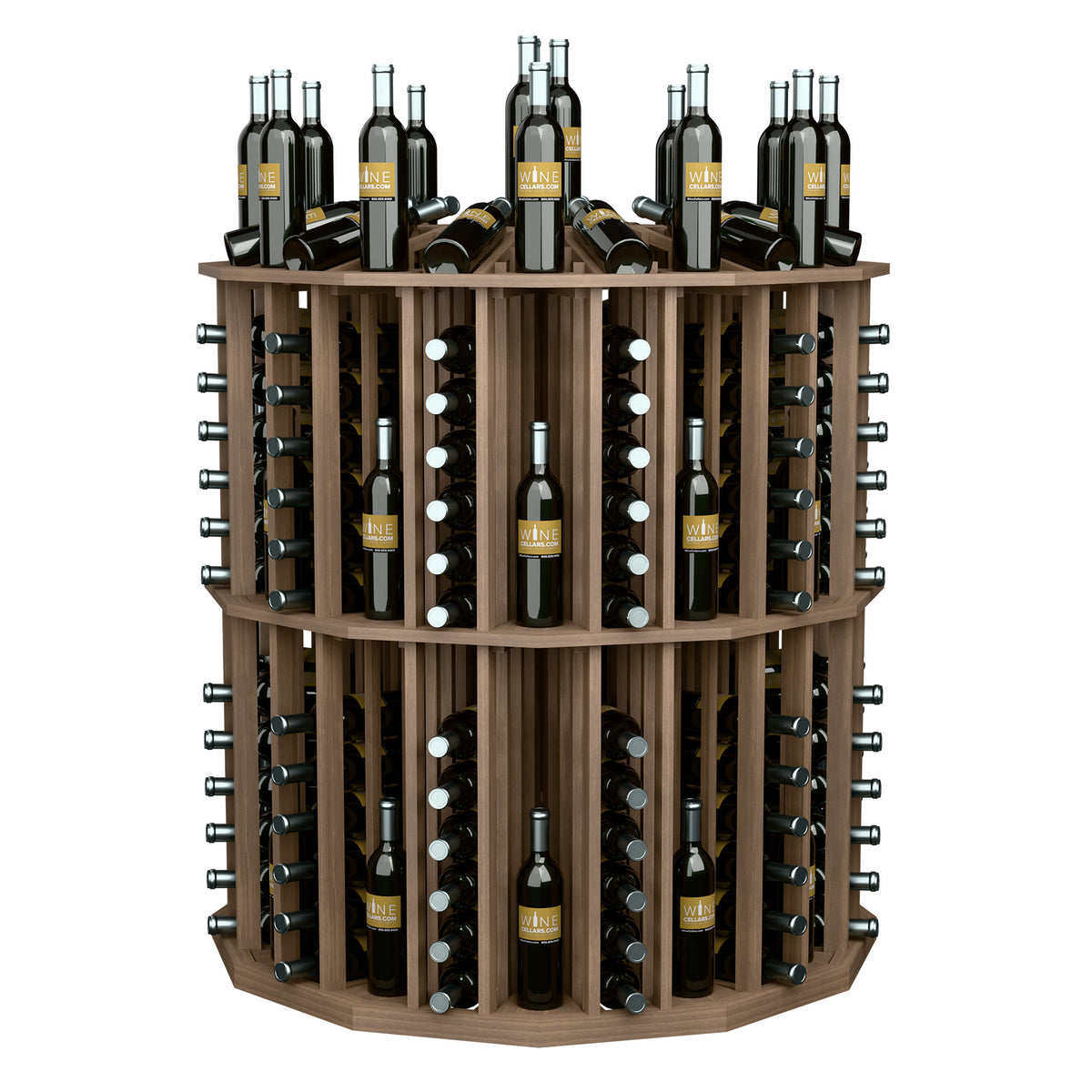 Light brown round bottle display with metal bottle racks and glass holder slots