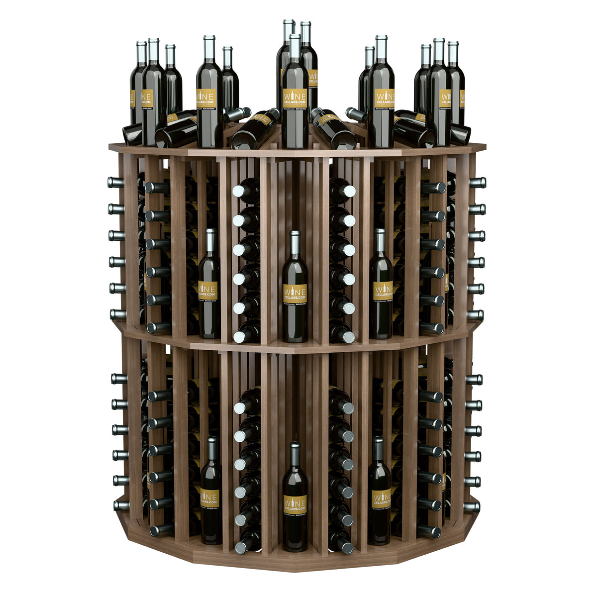 Light tan round wine bottle display rack with angled bottle slots and metal supports.