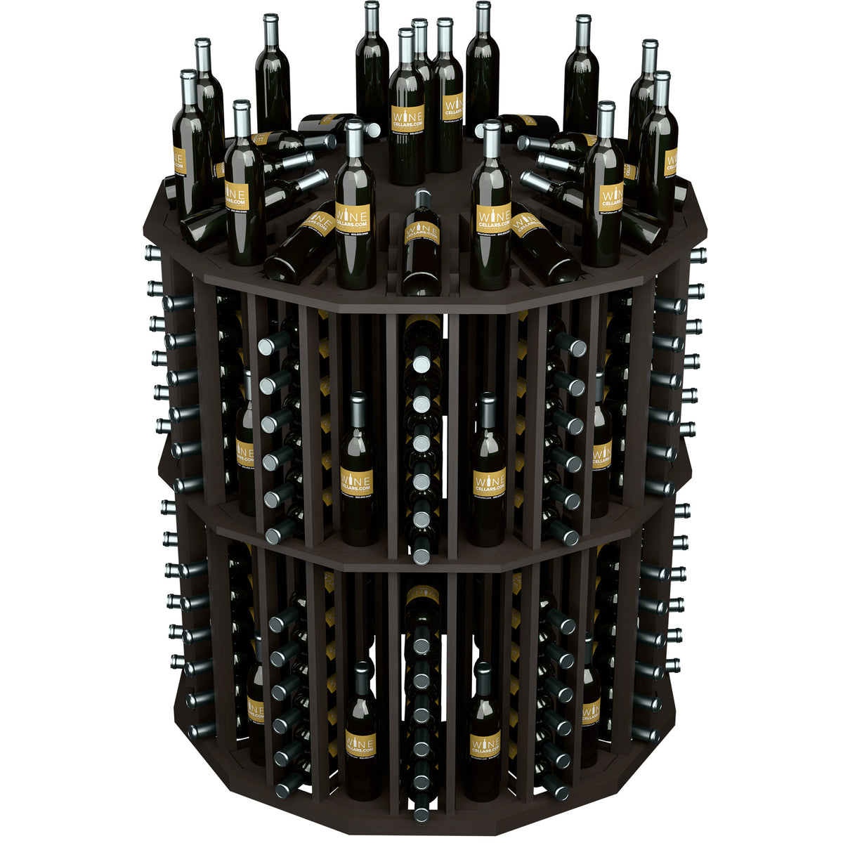 Angled view of round bottle display rack with dark frame and top bottle holders
