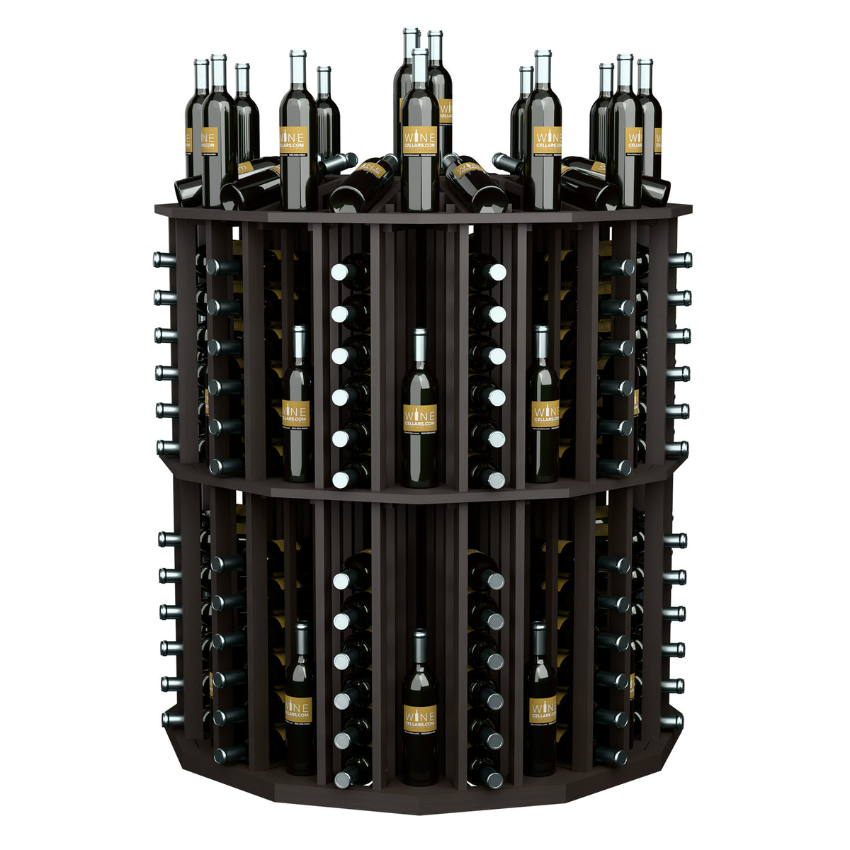 Round commercial bottle rack with dark finish, circular shelves, and bottle slots