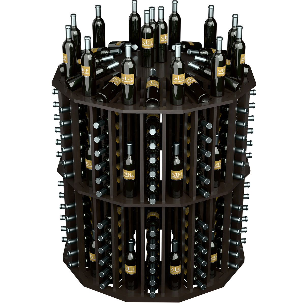 Dark round wine bottle display rack with angled bottle slots and metal supports.