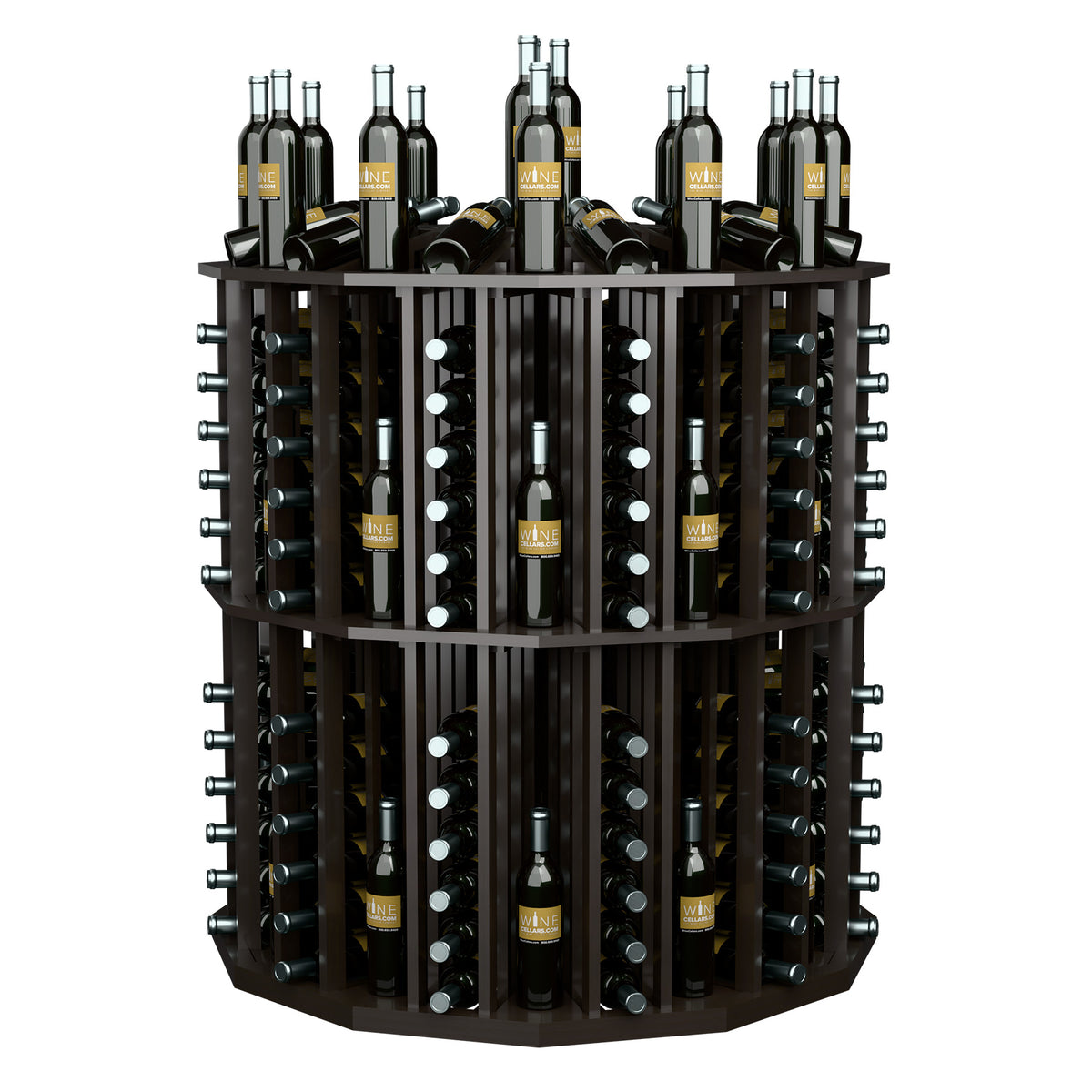 Black round wine bottle display rack with angled bottle slots and wire bottle holders.