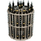 Round wine bottle display rack with white wood shelves and multiple black bottles