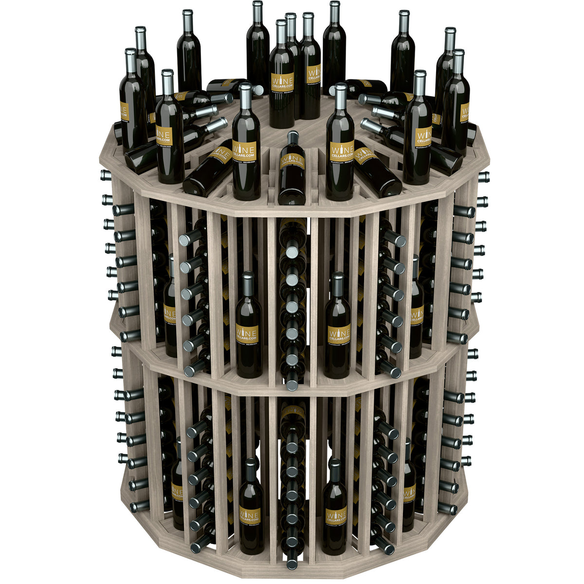 Round wine bottle display rack with white wood shelves and multiple black bottles