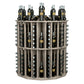 Grey-stained round wine bottle display rack with bottle rows and metal peg holders