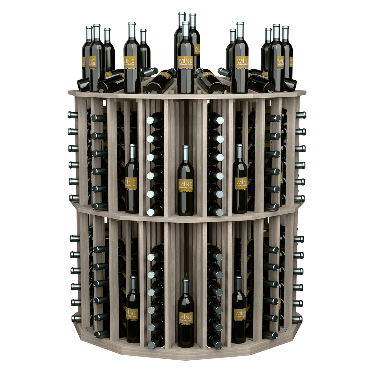 Grey-stained round wine bottle display rack with bottle rows and metal peg holders