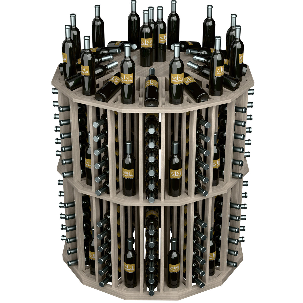 Round wine bottle display rack with cubby slots and dark bottle collection, light gray wood.