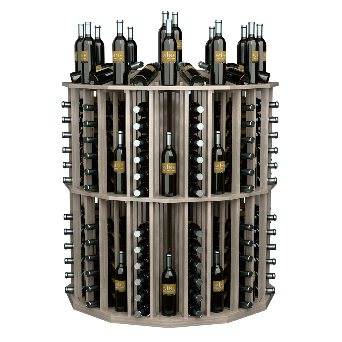 Round wine bottle display rack with cubby slots holding black wine bottles, light wood finish.