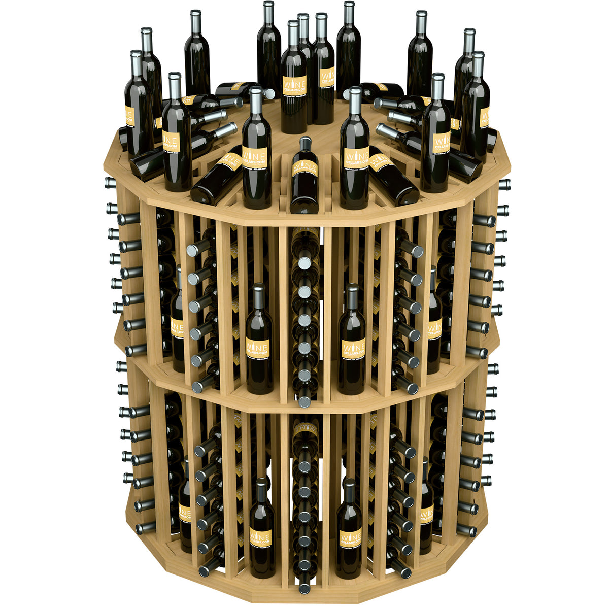 Round wine bottle display rack with tan wood shelves and multiple black bottles