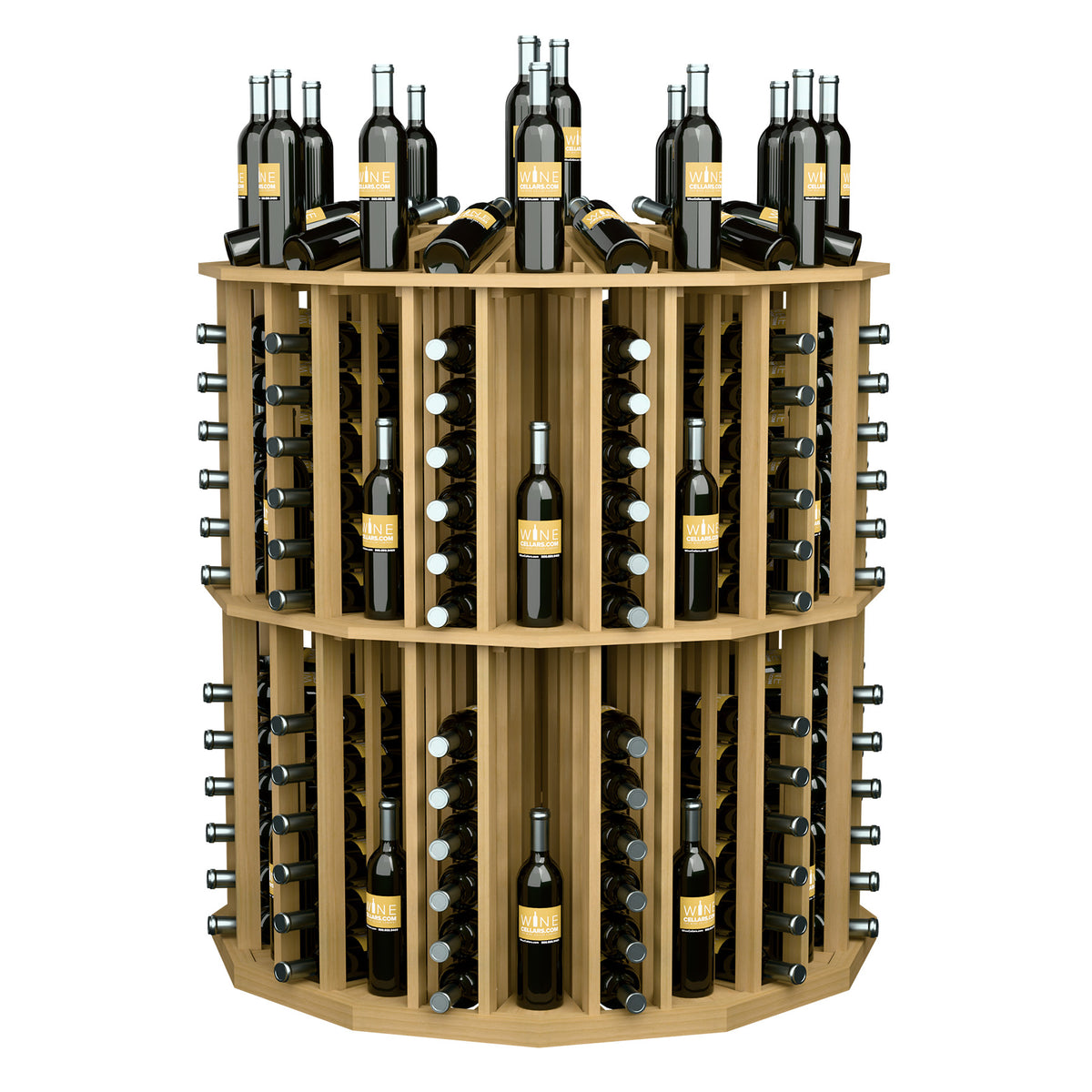 Light wood round wine bottle display rack with upright bottles in stacked circular tiers