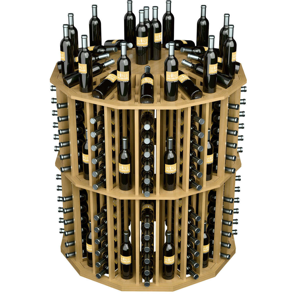 Round wine bottle display rack with multiple bottle holders and black wine bottles, light wood.