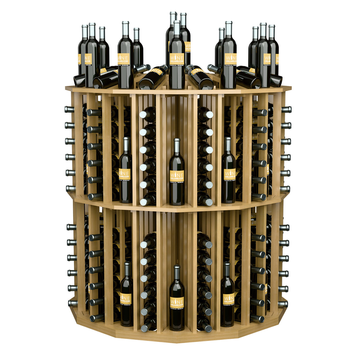Round wine bottle display rack with multiple bottle slots and black bottles, light wood finish.
