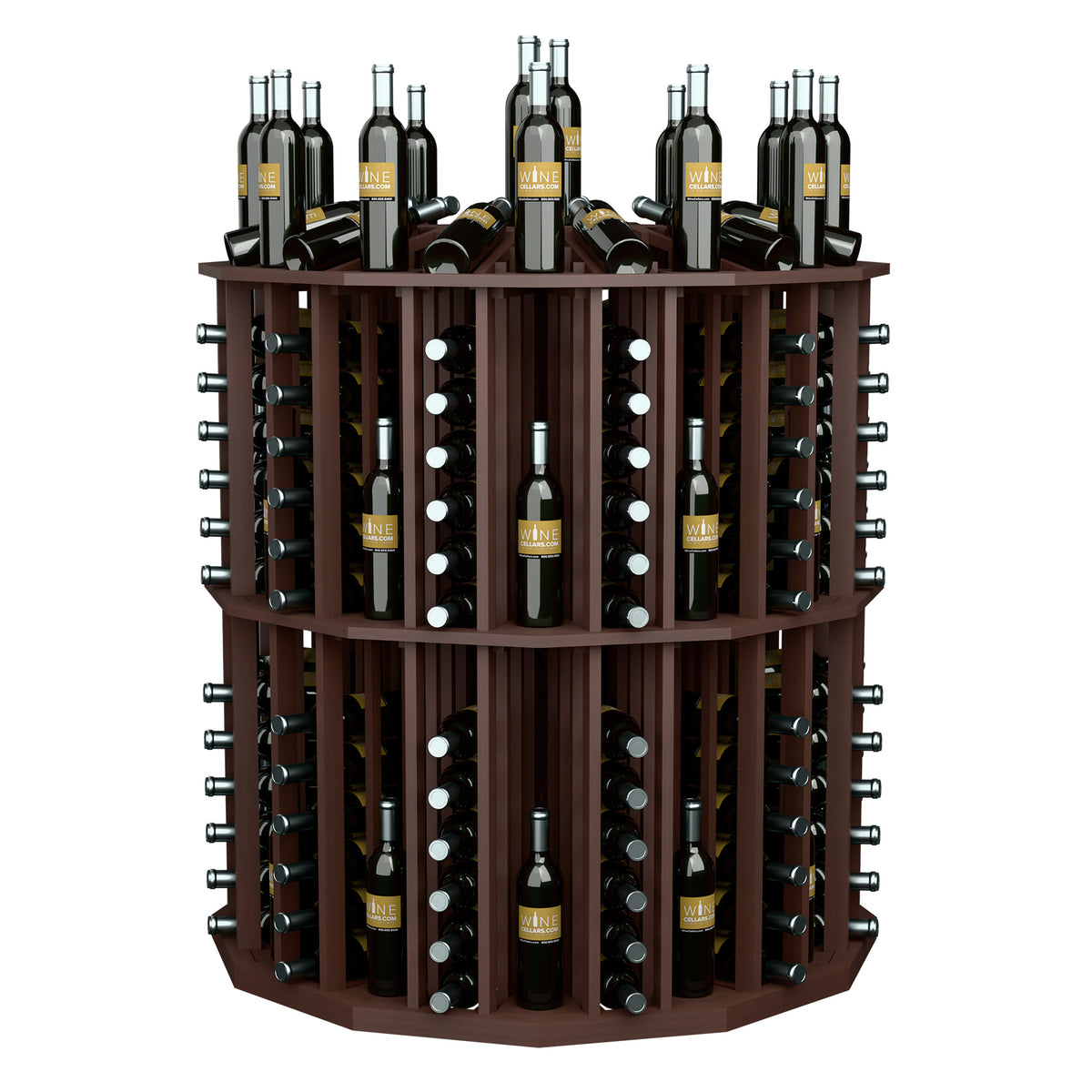 Brown round aisle bottle display with metal racks and glass holder slots