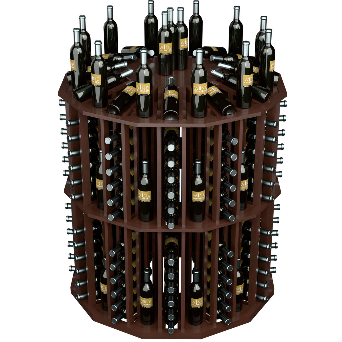 Round wine bottle display rack with bottle holders and black wine bottles, dark brown wood.