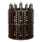 Round wine bottle display rack with bottle holders and black wine bottles, dark brown stain.