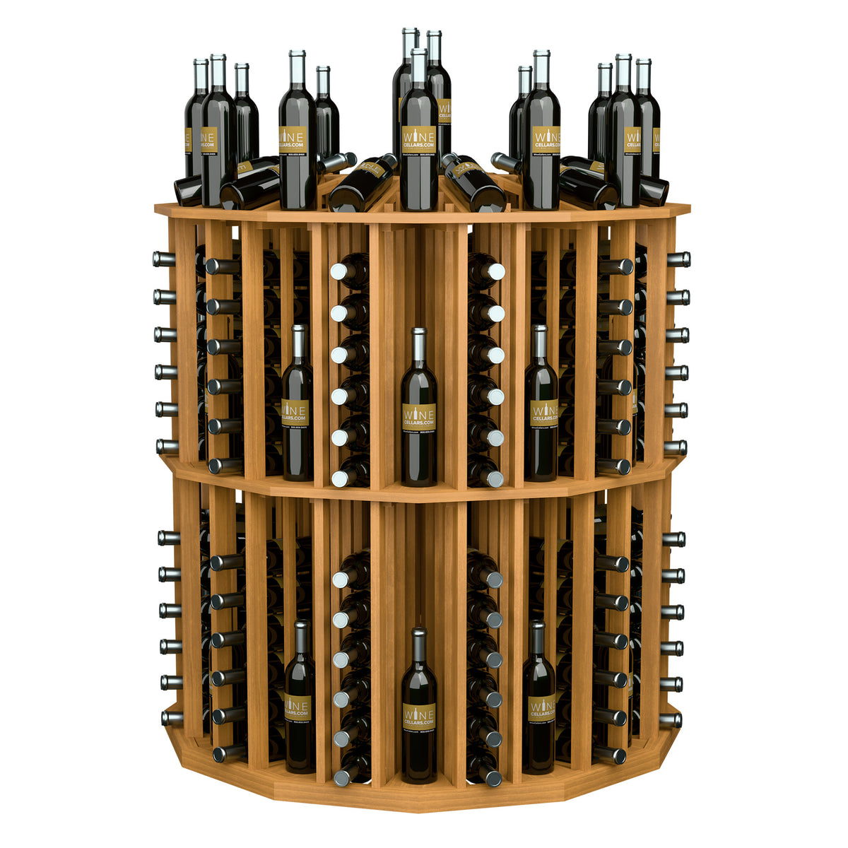 Round wooden wine bottle display rack with multiple bottles in circular rows