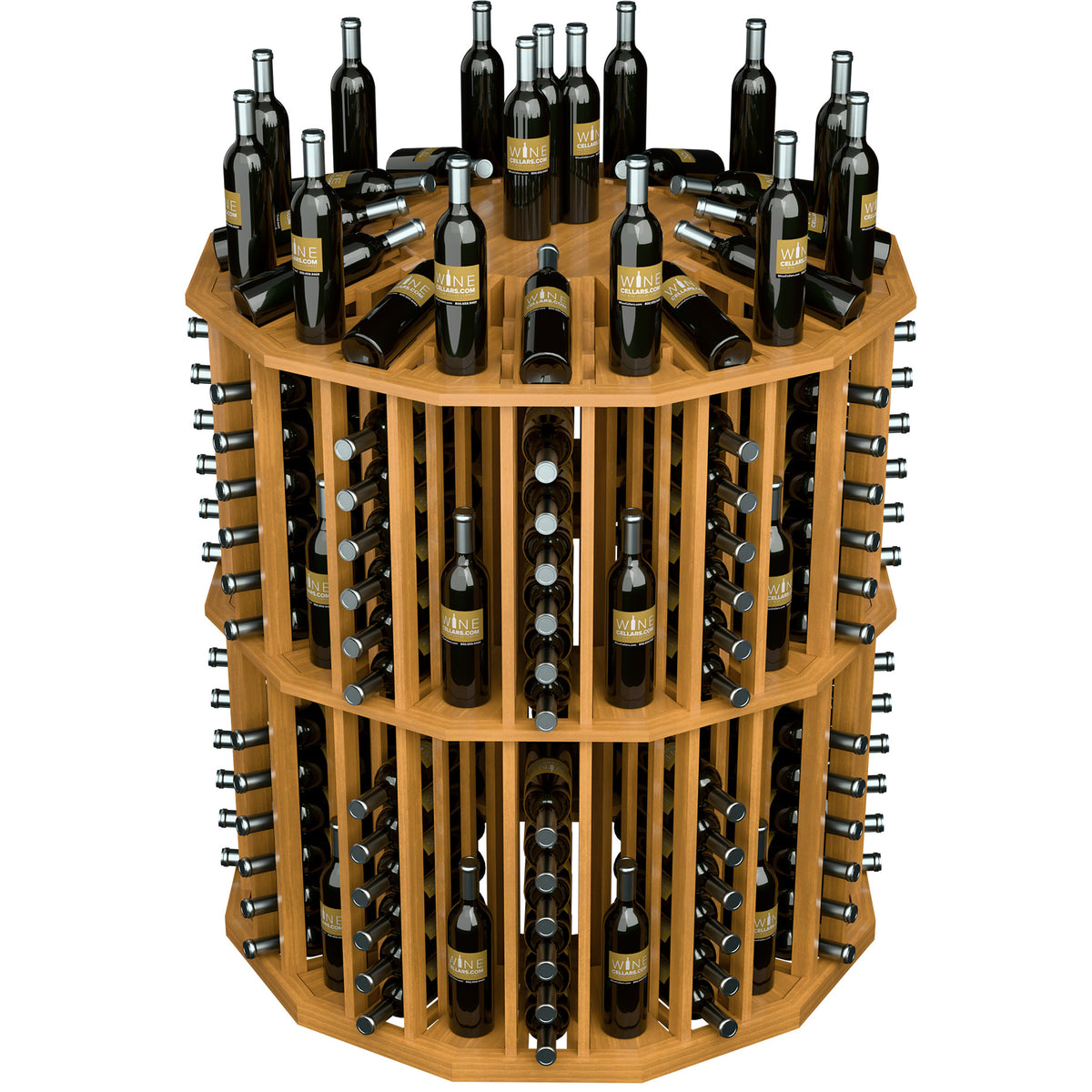 Round wine bottle display rack with cubby slots holding black bottles, warm light wood finish.