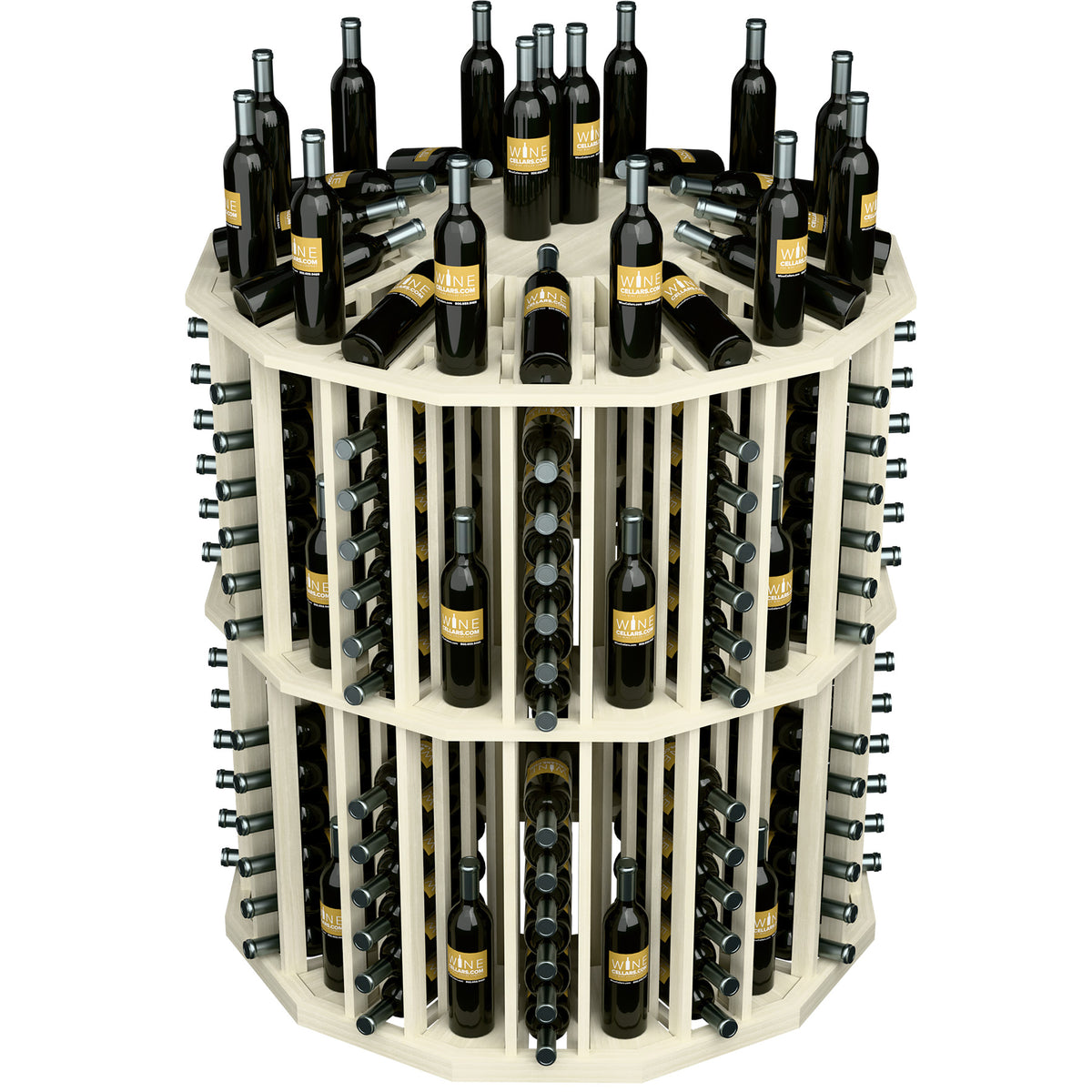 Round wine bottle display rack with white wood shelves and multiple black bottles