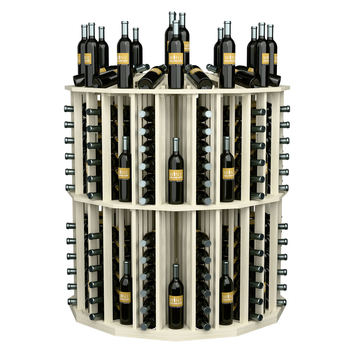 Light wood round wine bottle display rack with metal supports and labeled bottles